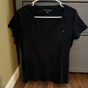 Tommy Hilfiger Black V-Neck Short Sleeve Tee with Flag Logo